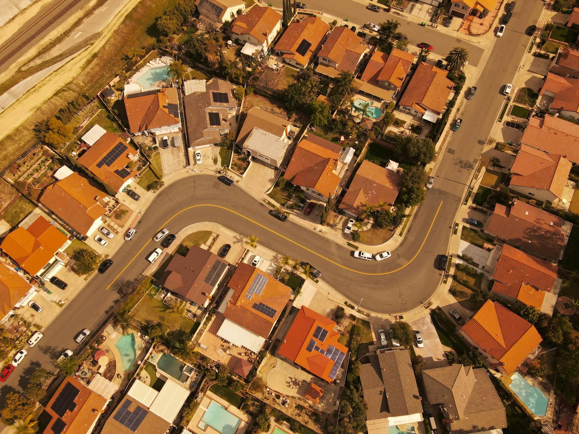 Aerial view of Mission Viejo Orange County residential neighborhood with tile roofs