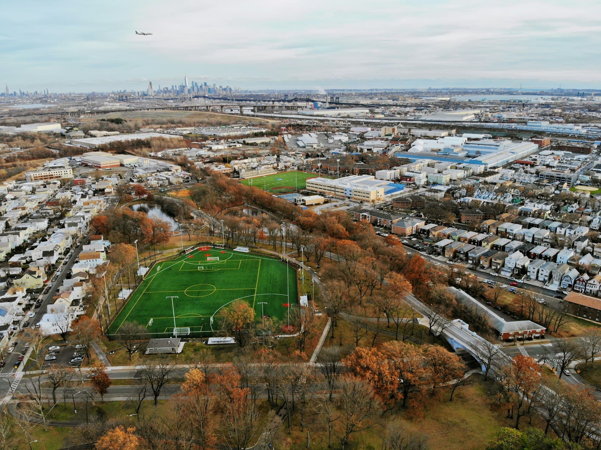 Aerial view of Chicago suburban residential area with city skyline in background