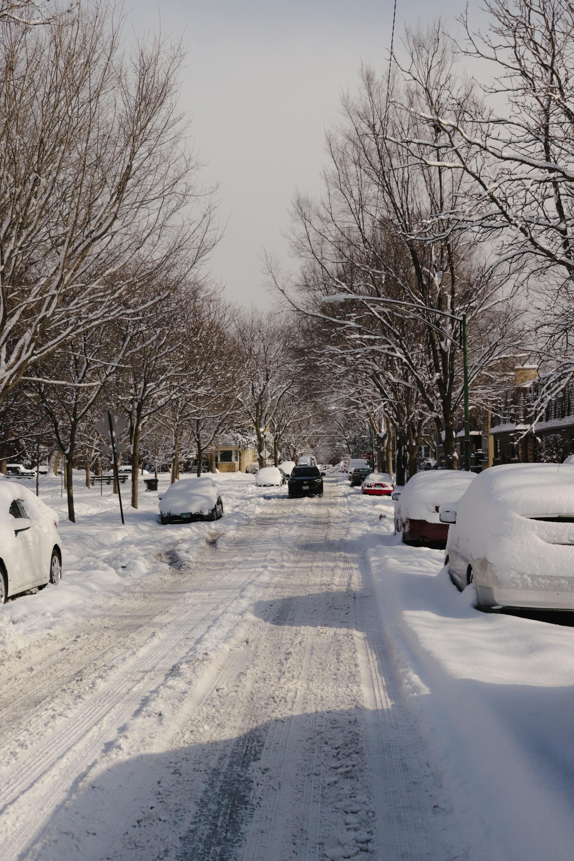 Snow covered residential street in Chicago area winter scene showing conditions that cause ice dams