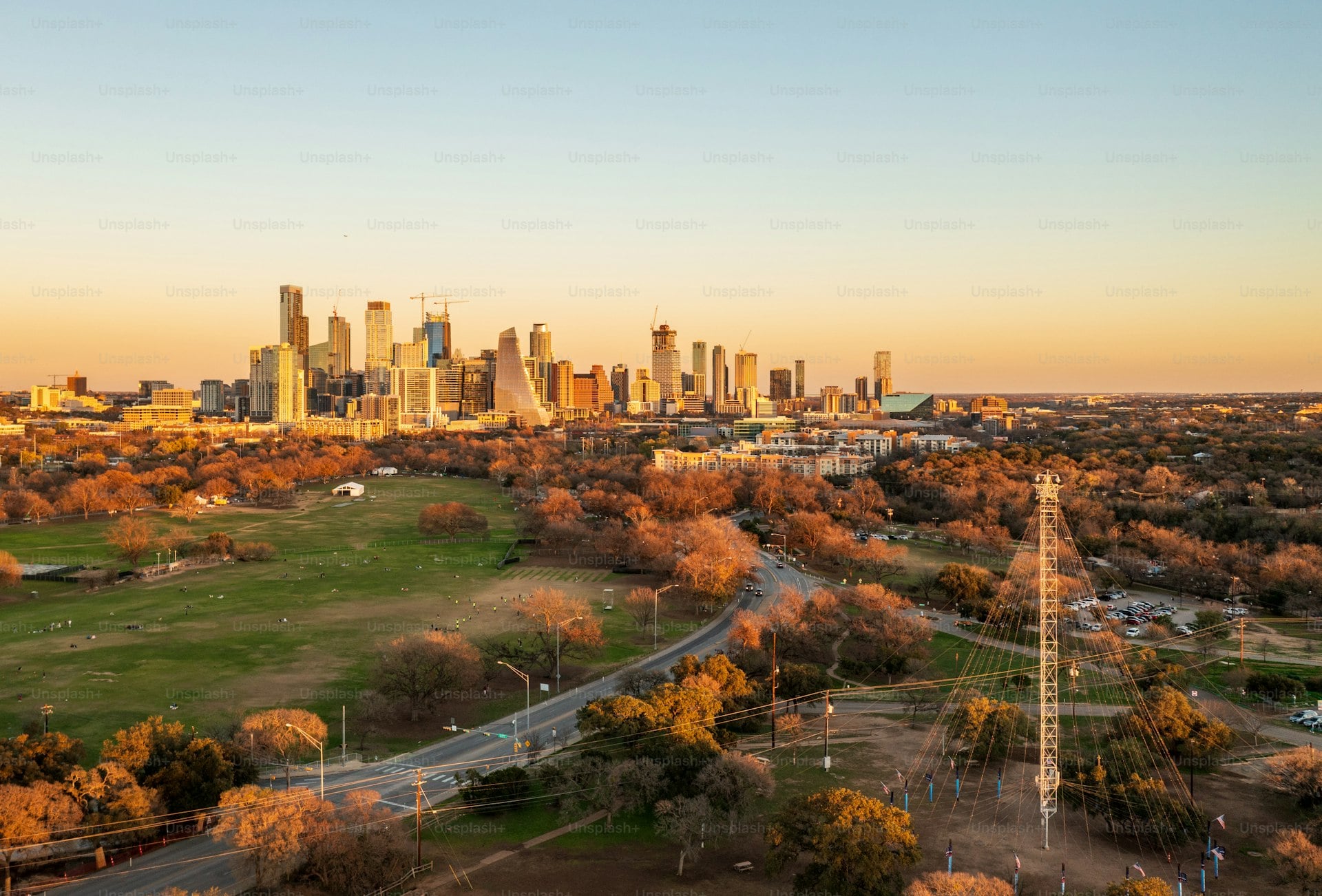 Aerial view of downtown Austin Texas skyline from Zilker Metropolitan Park at sunset