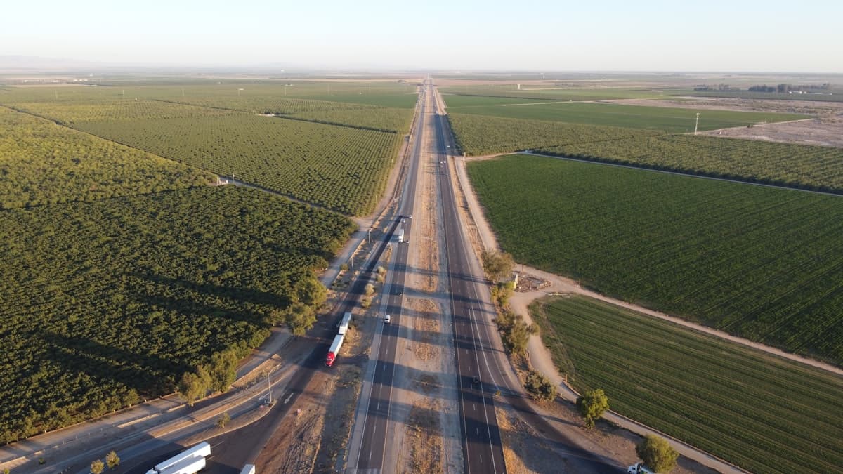 Aerial view of Central Valley agricultural farmland near Bakersfield California