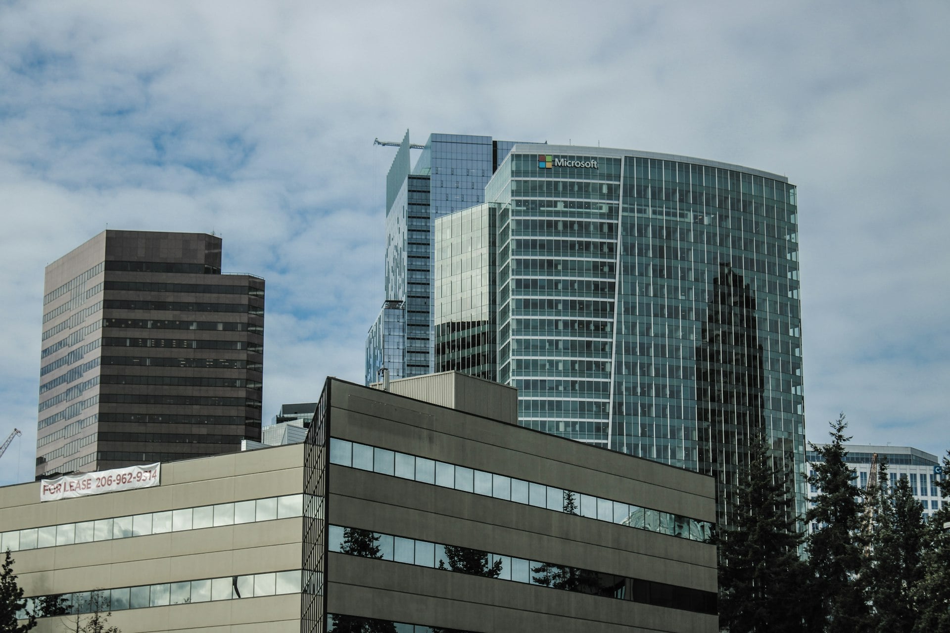 Downtown Bellevue Washington skyline with Microsoft building and modern high-rises