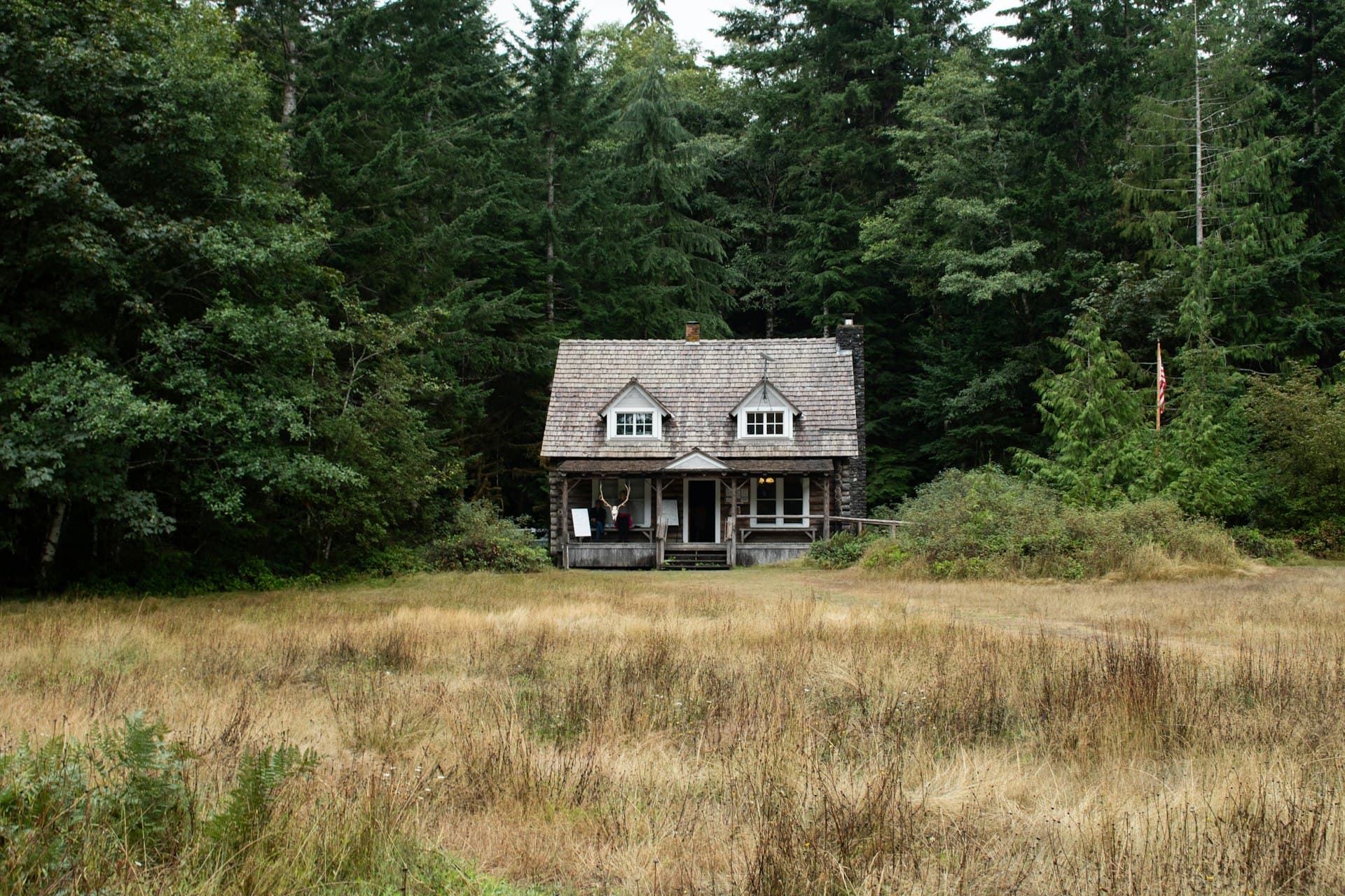Pacific Northwest cabin with cedar shake roof surrounded by evergreen forest in Washington State