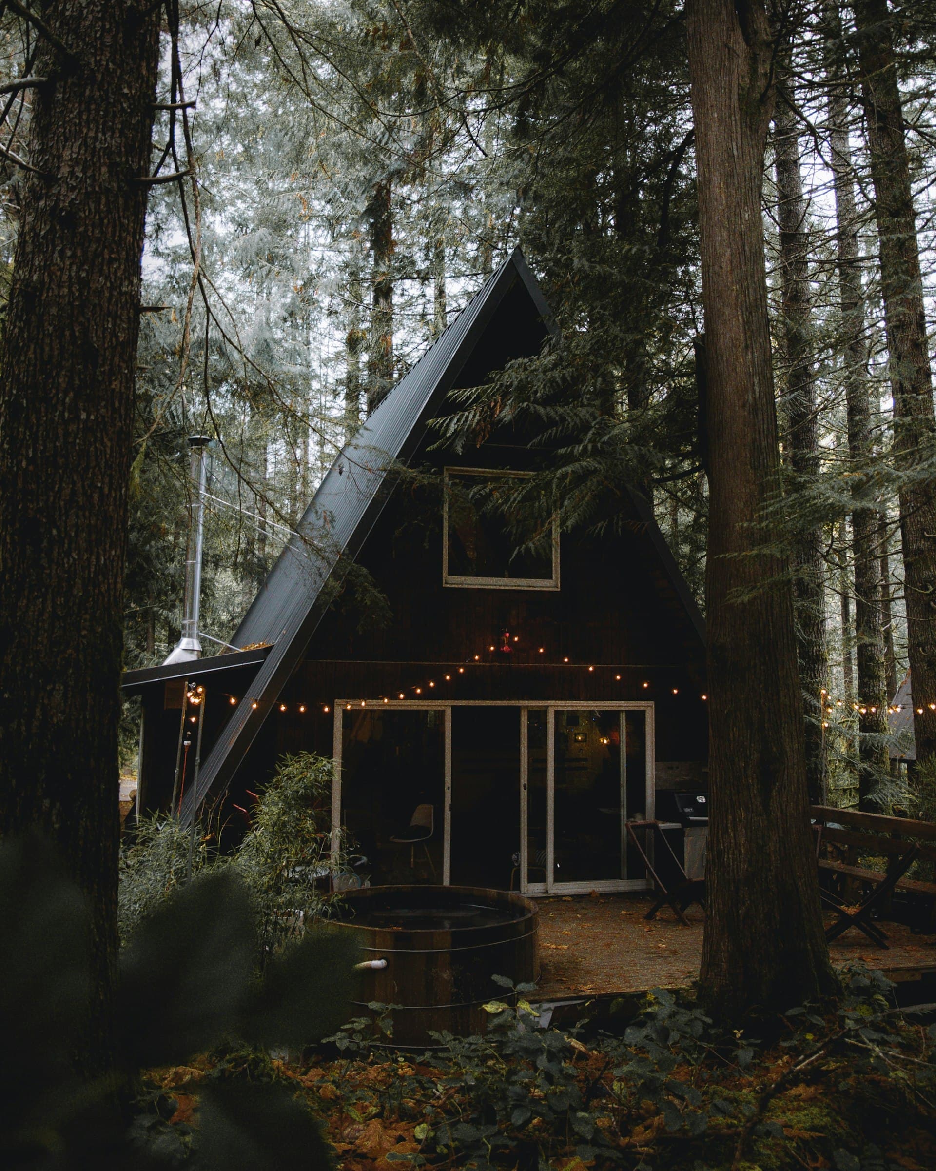 A-frame cabin in Pacific Northwest temperate rainforest with steep roof pitch
