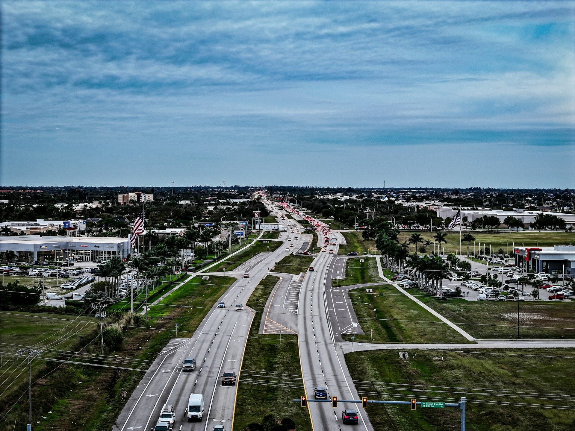 Aerial view of Cape Coral Florida highway and cityscape