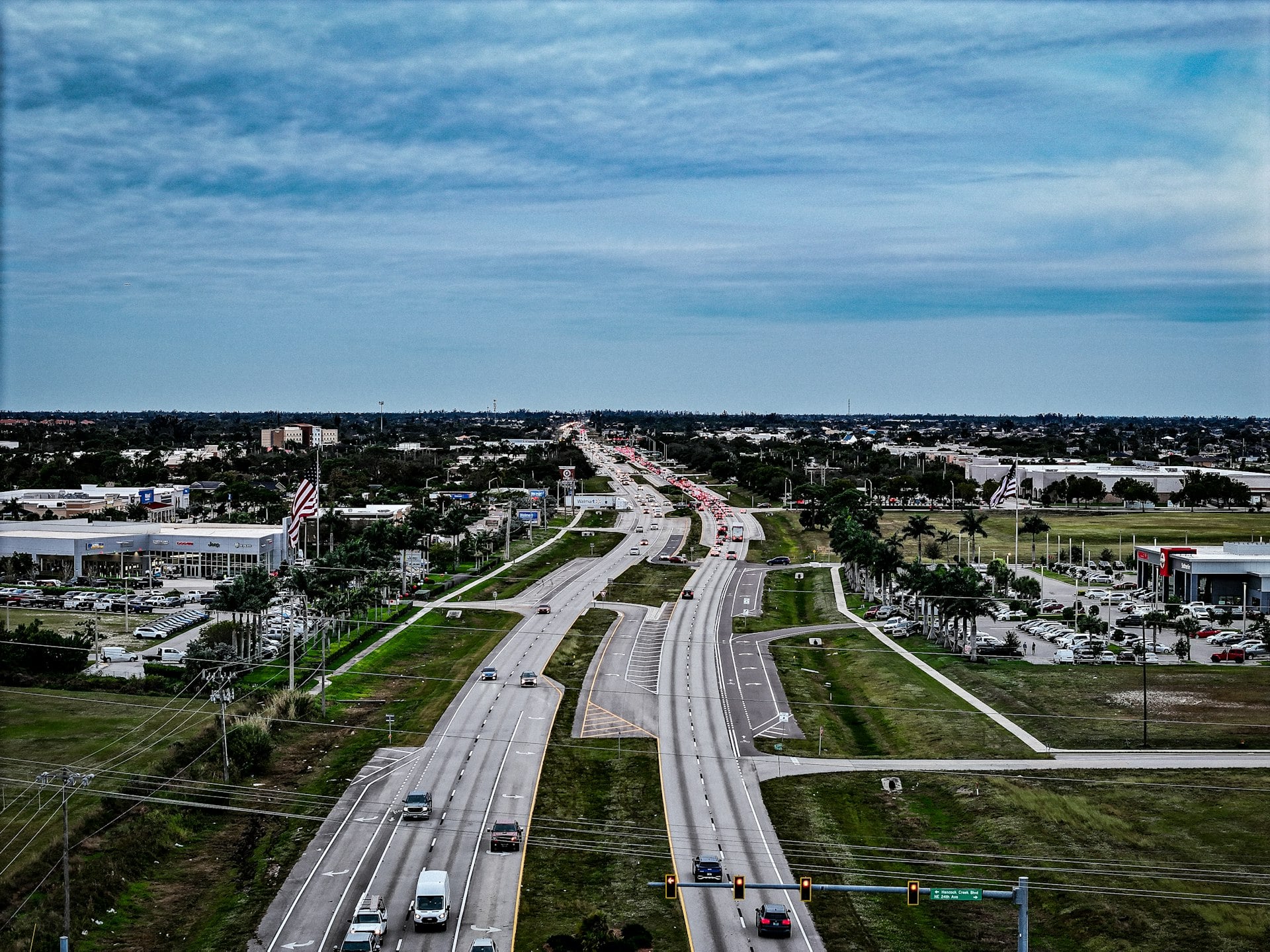 Aerial view of Cape Coral Florida highway and cityscape
