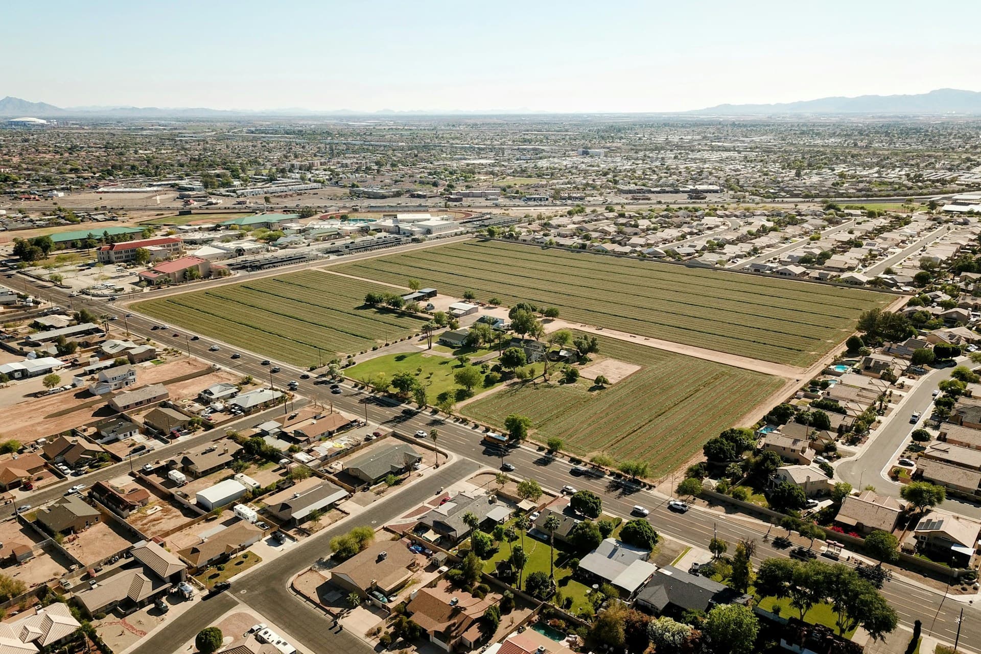 Aerial view of Phoenix metro residential area showing suburban homes and development