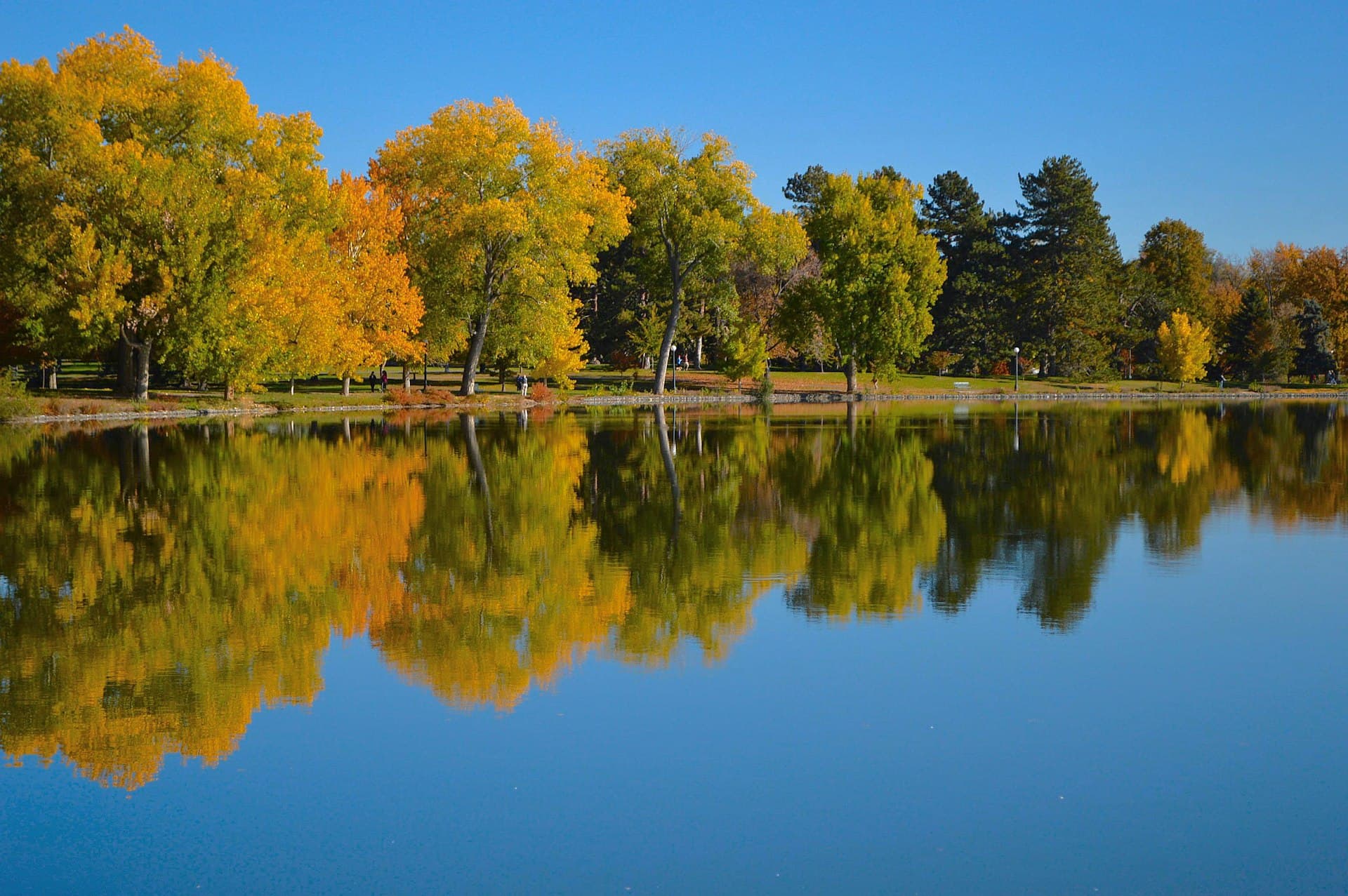 Washington Park lake in Denver with autumn trees reflected in the water