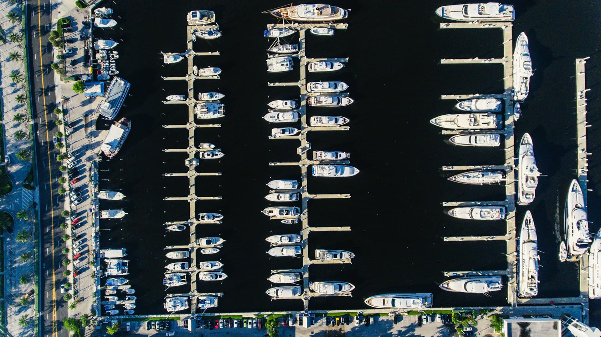 Aerial view of boat marina and docks in East Fort Lauderdale Florida