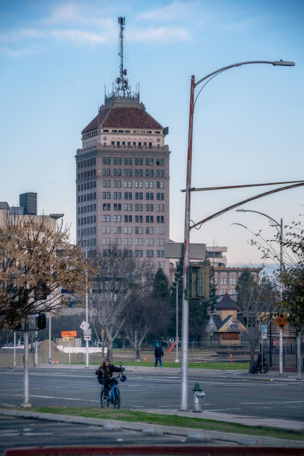 Downtown Fresno skyline featuring the historic Pacific Southwest Building tower at blue hour