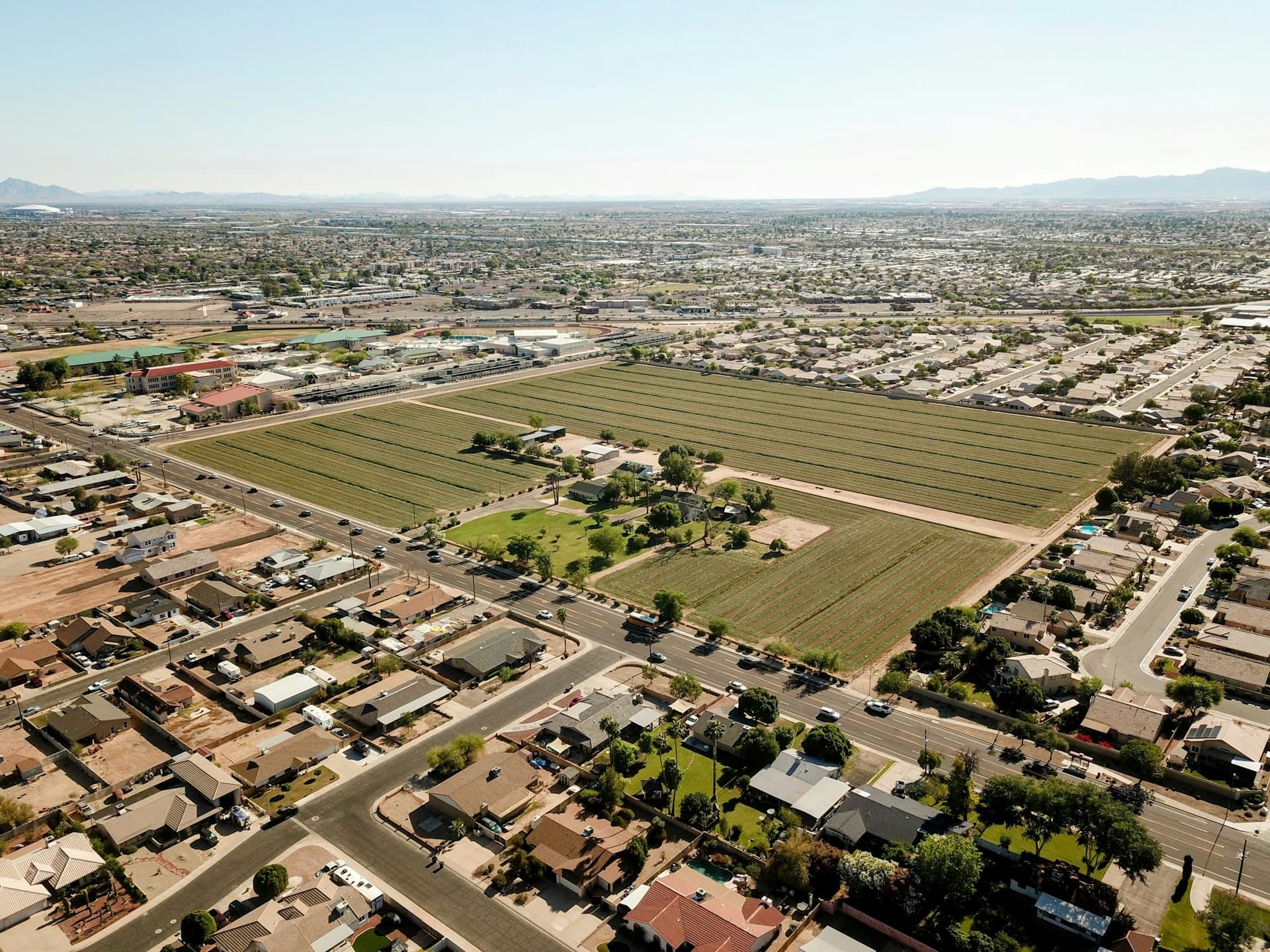 Aerial view of Phoenix metro suburban sprawl with residential neighborhoods