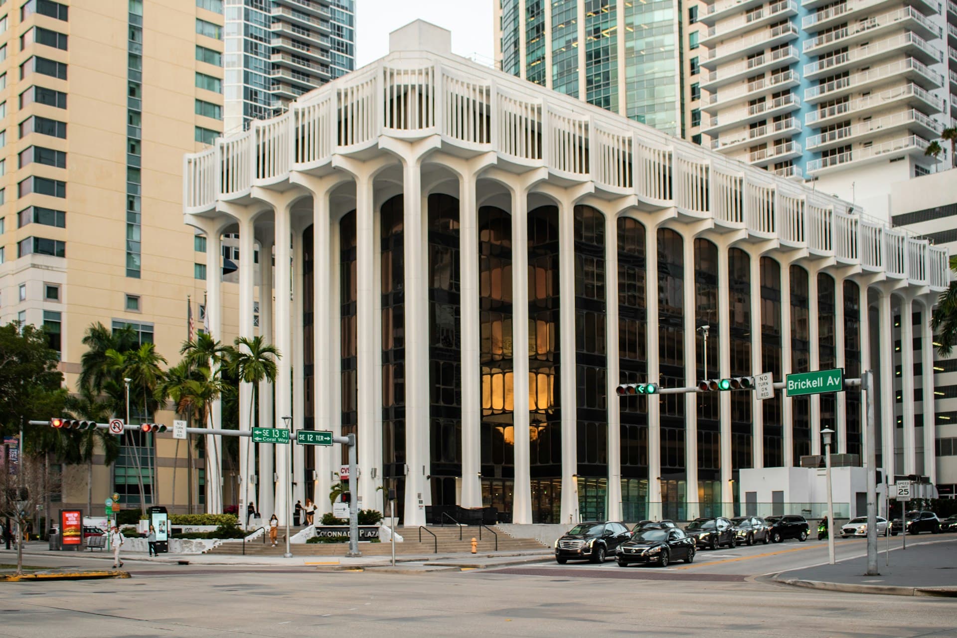 Colonnade Plaza building in Brickell Miami featuring Mediterranean Revival architecture with distinctive columns