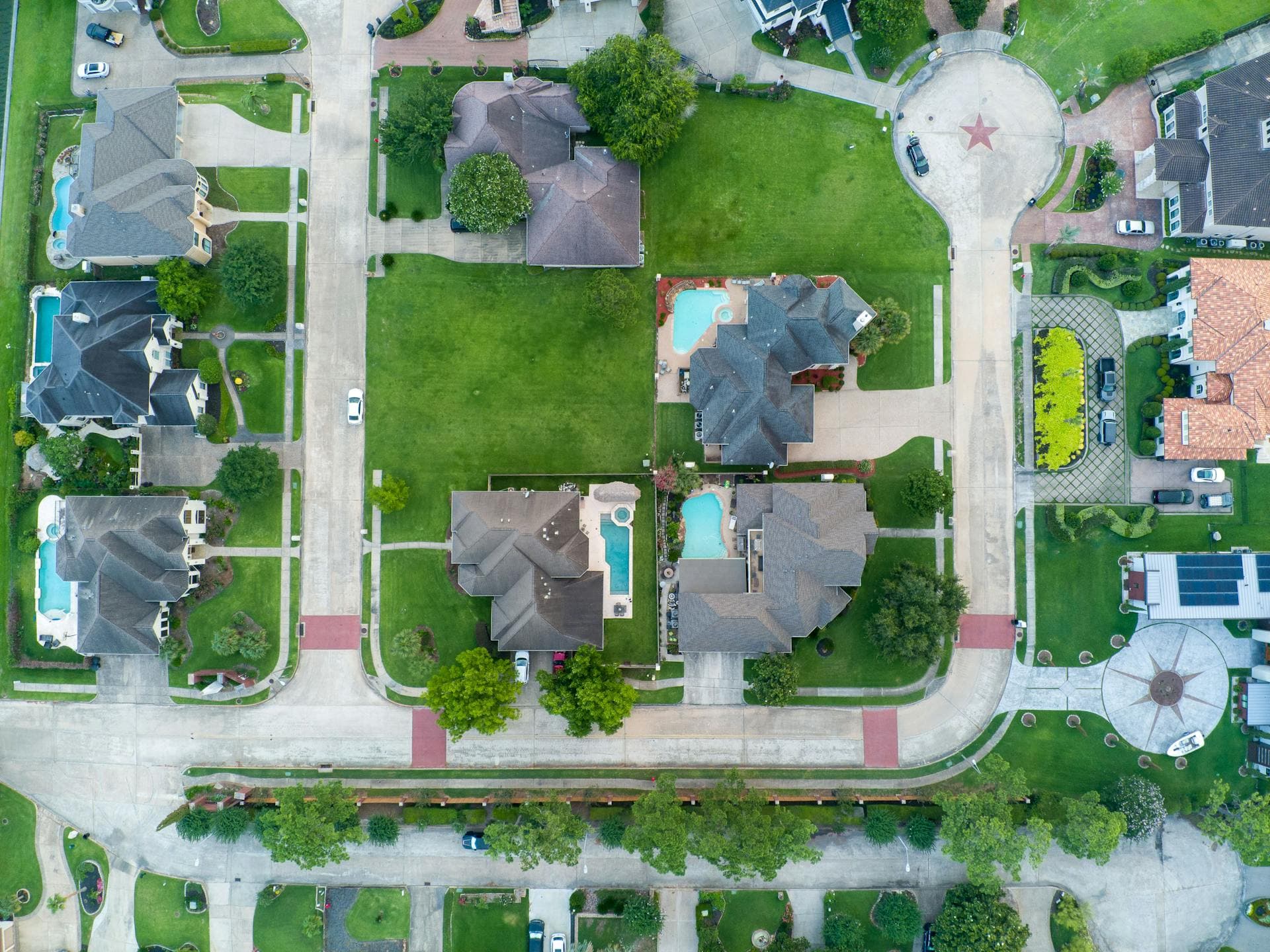 Aerial view of Houston Texas suburban neighborhood showing residential rooftops