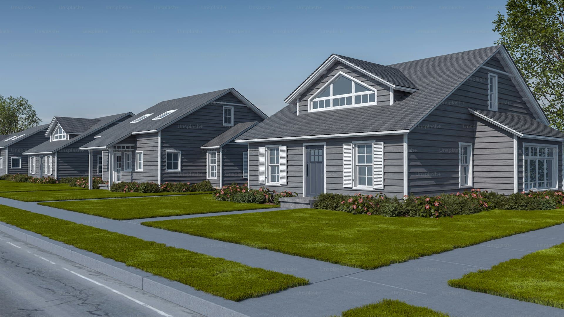 Modern suburban homes with architectural shingle roofs in master-planned community