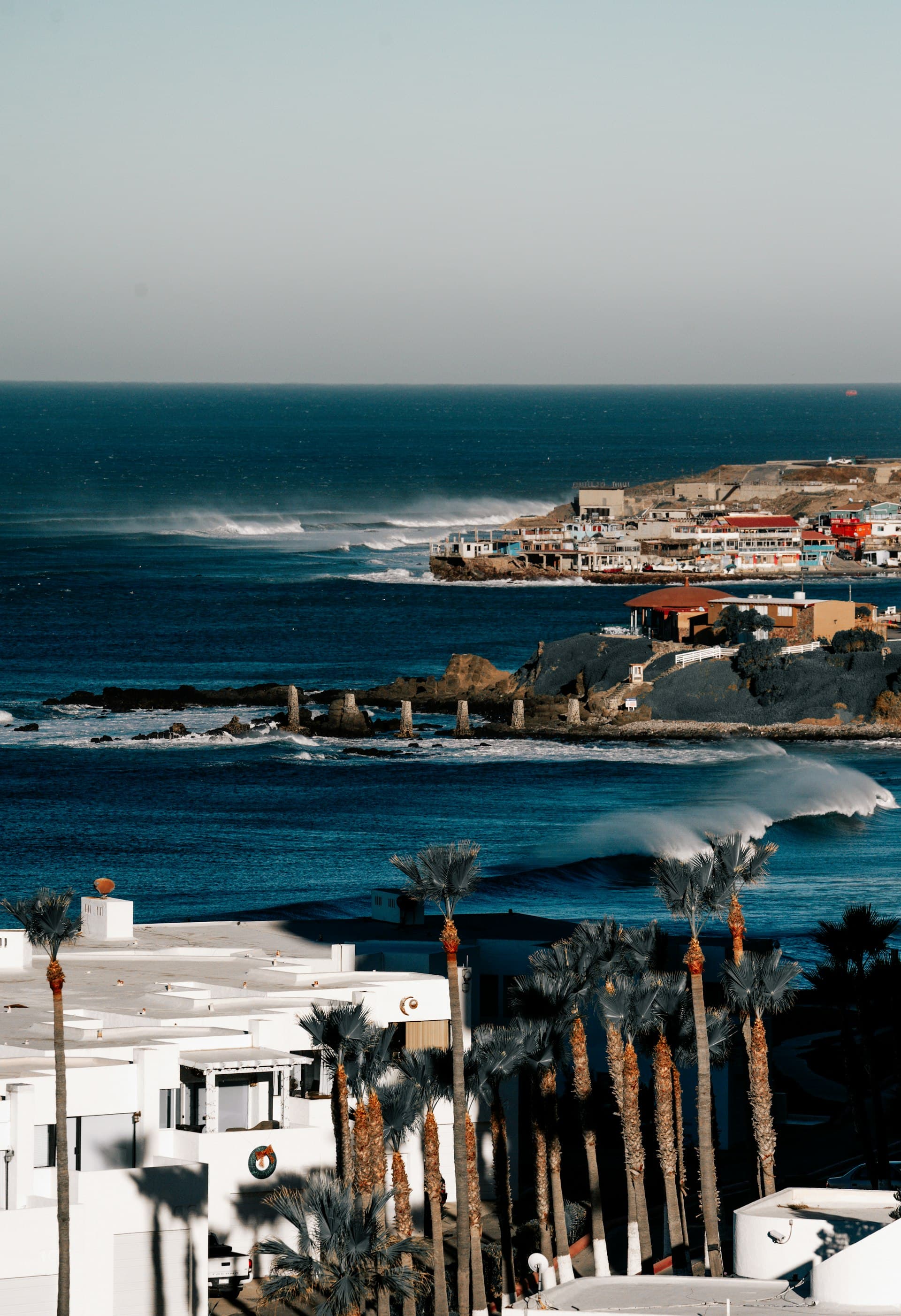 California coastal town with ocean waves and palm trees during Santa Ana winds