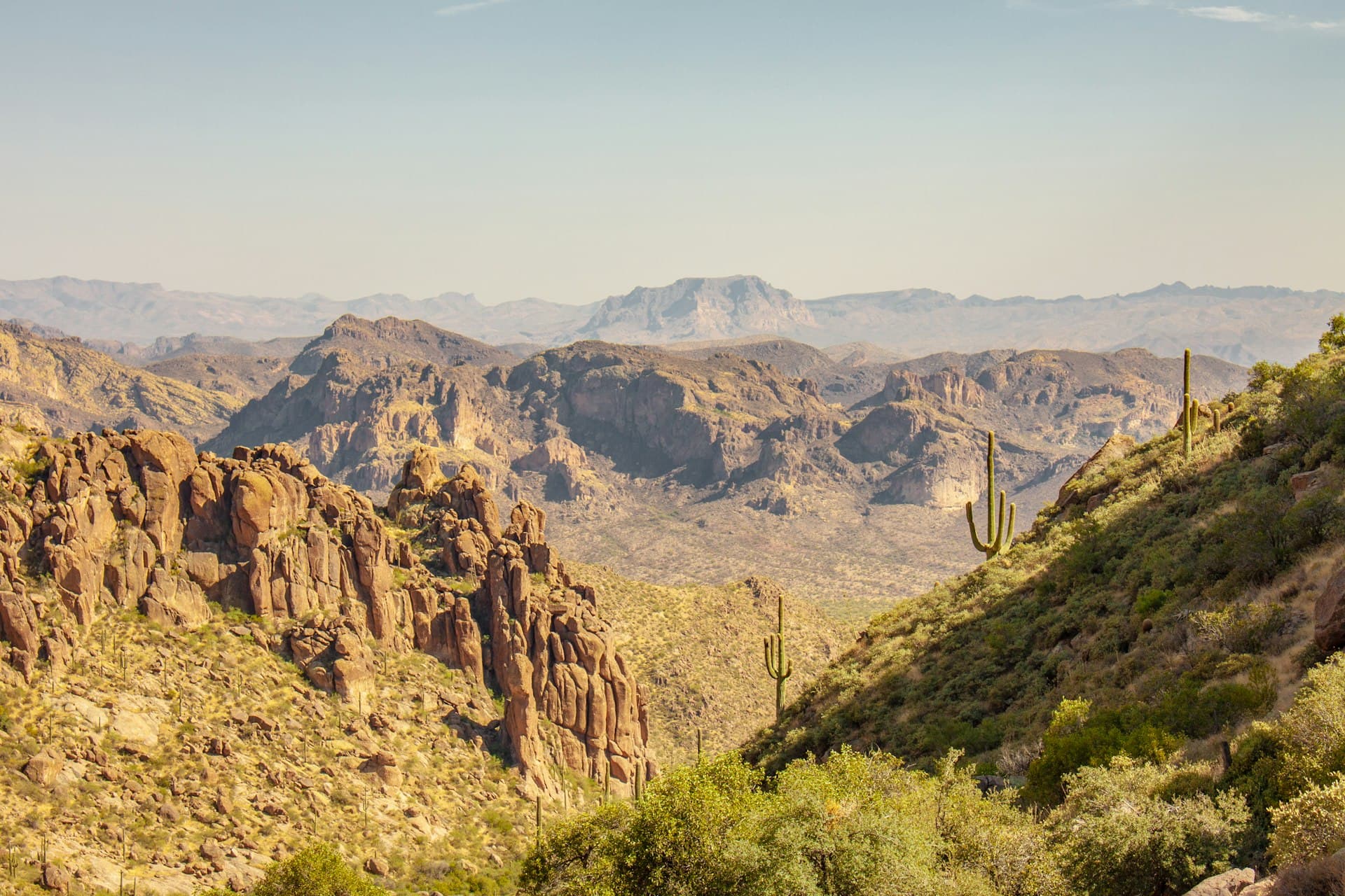 Superstition Mountains with saguaro cacti in Arizona desert