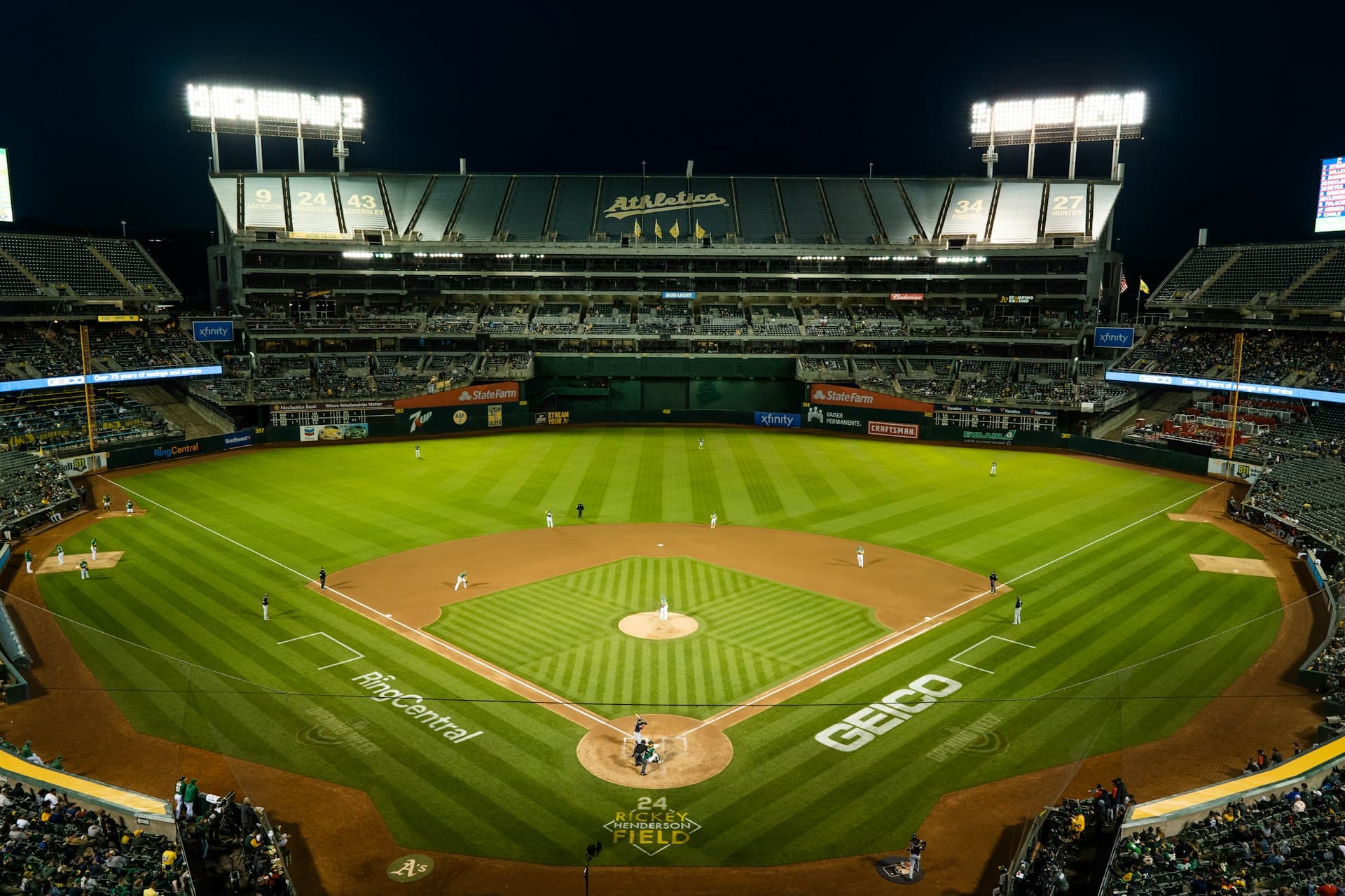 Oakland Coliseum baseball stadium at night