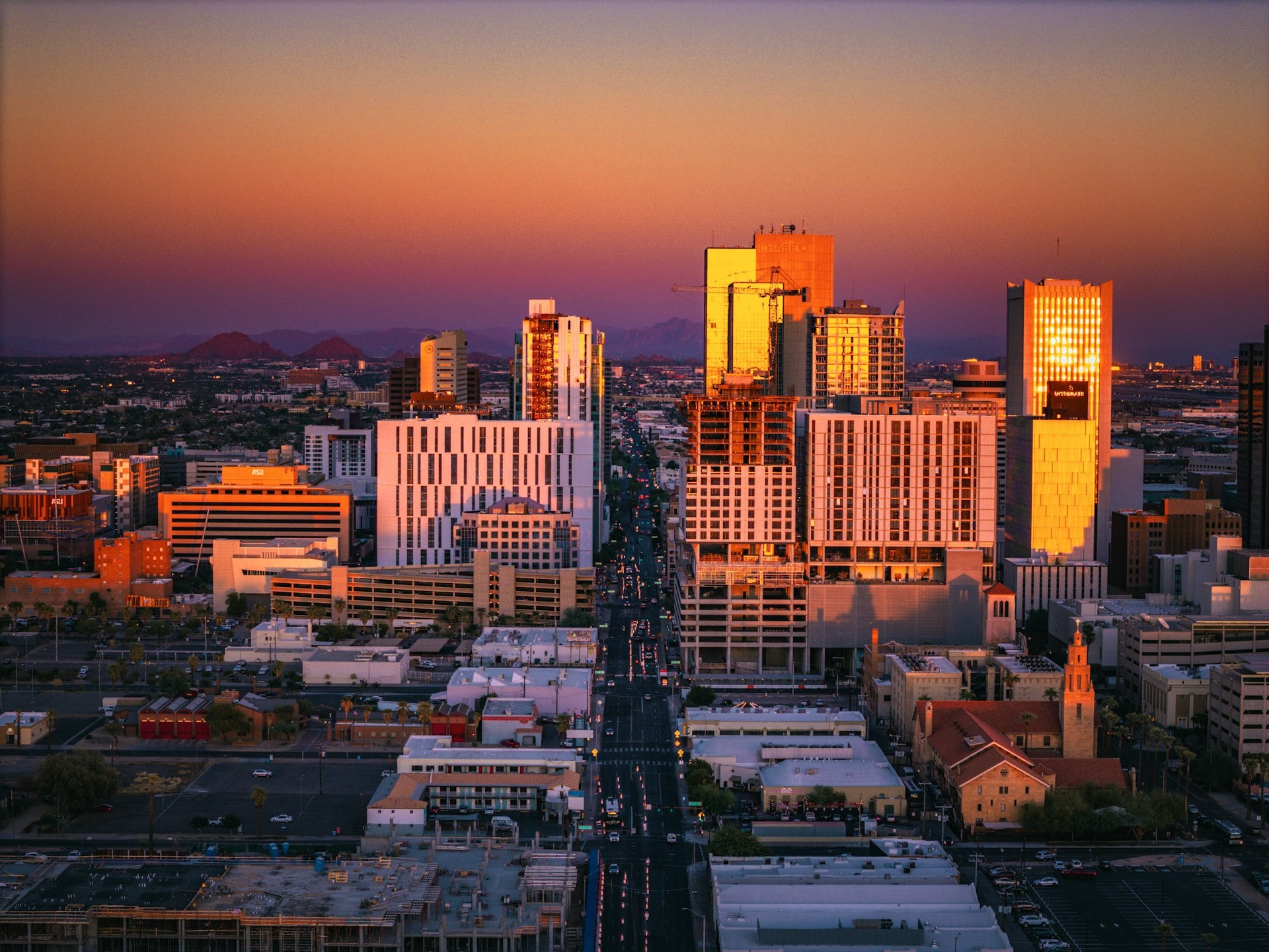 Phoenix Arizona downtown skyline at sunset with high-rise buildings