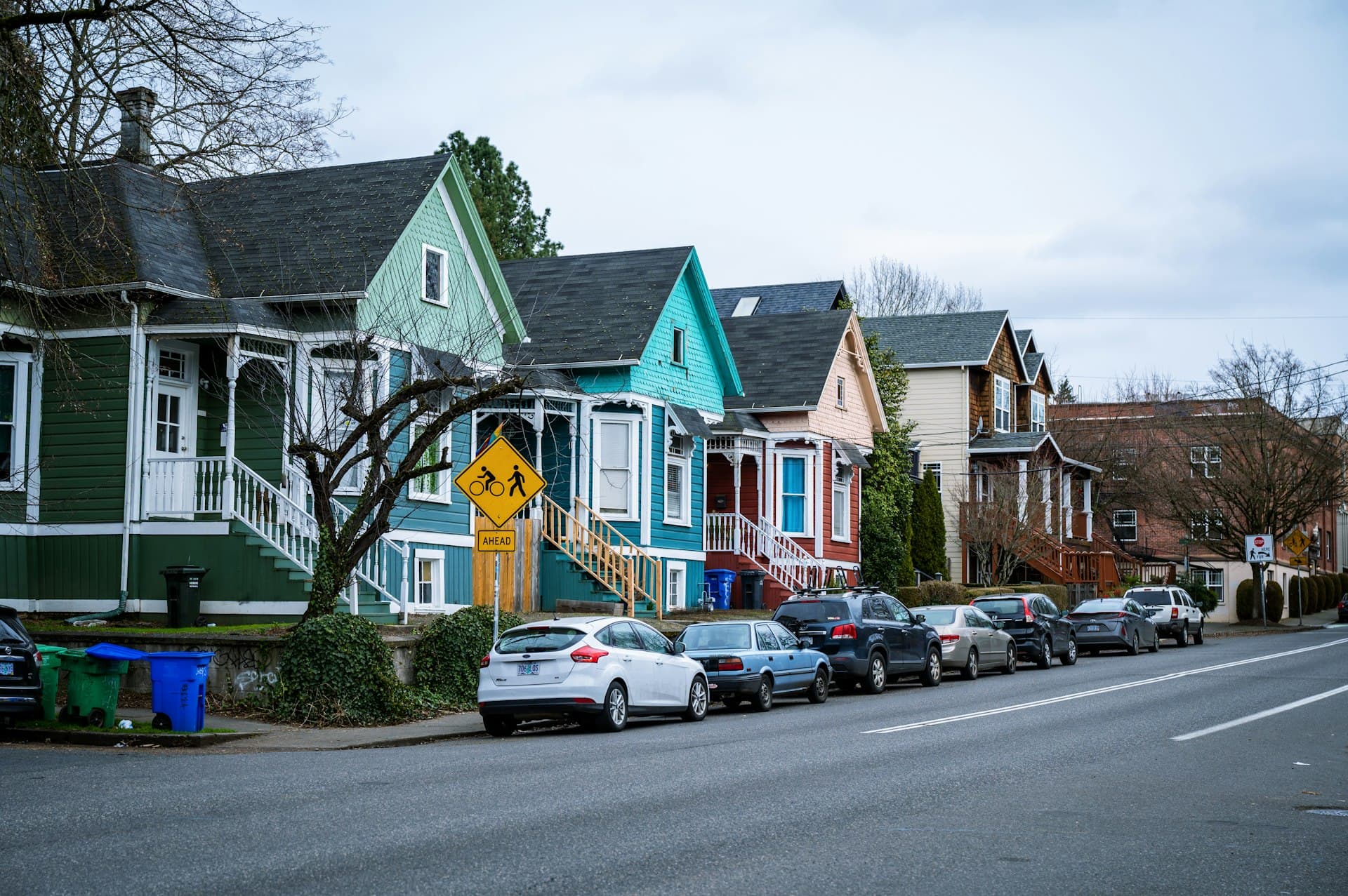 Colorful Victorian homes in Portland Oregon suburb showing distinctive rooflines