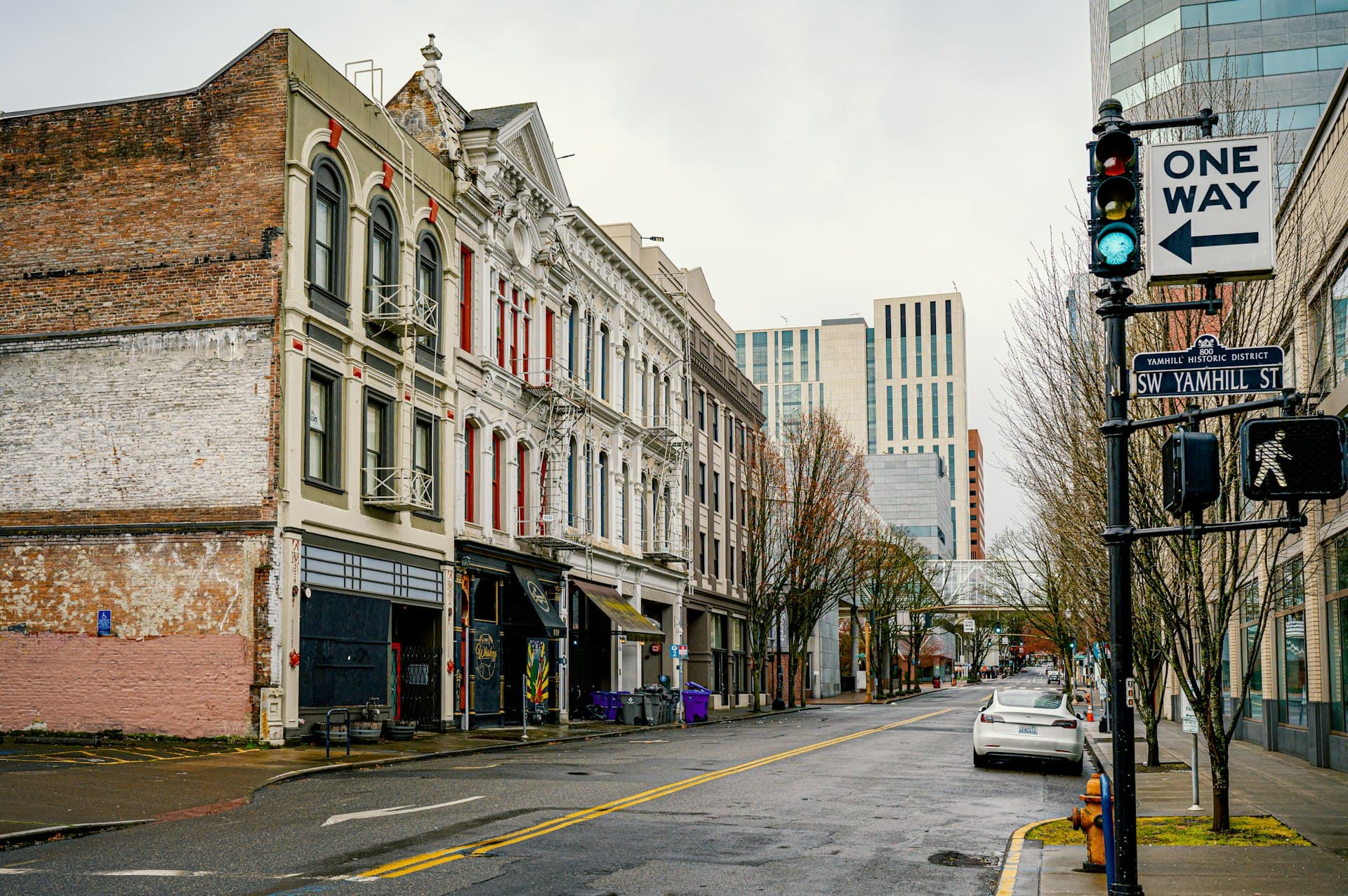 Yamhill Historic District in Portland Oregon showing wet streets after rain