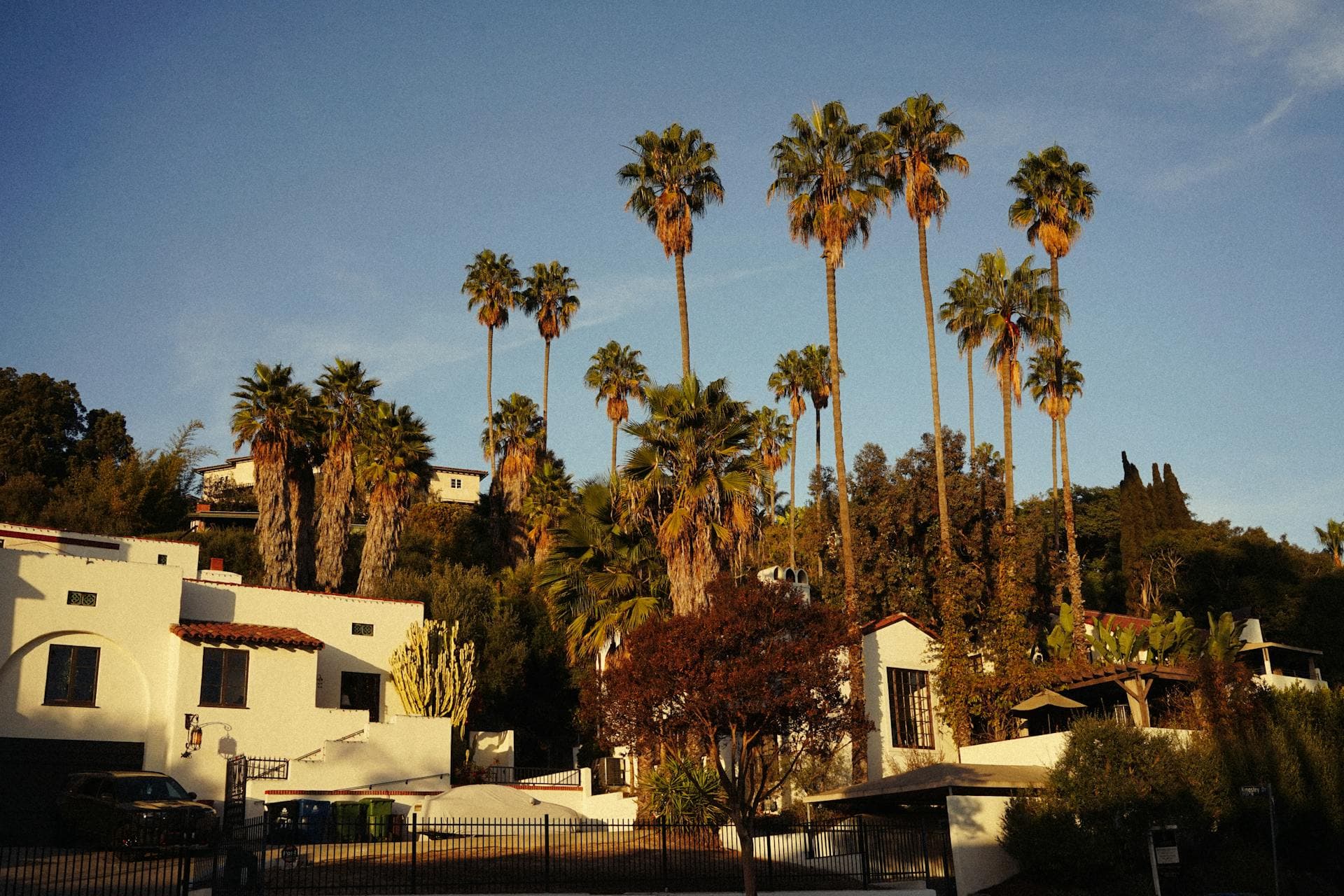 Spanish-style Southern California homes with palm trees and tile roofs at sunset