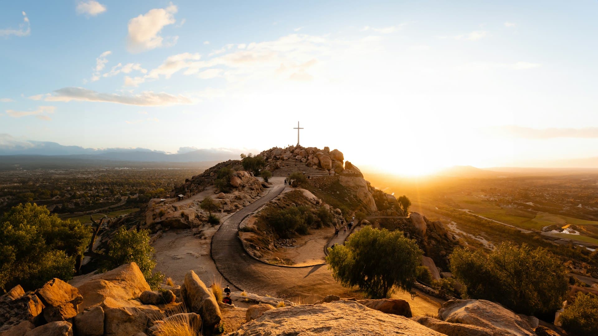 Mount Rubidoux at sunset with cross silhouette in Riverside California