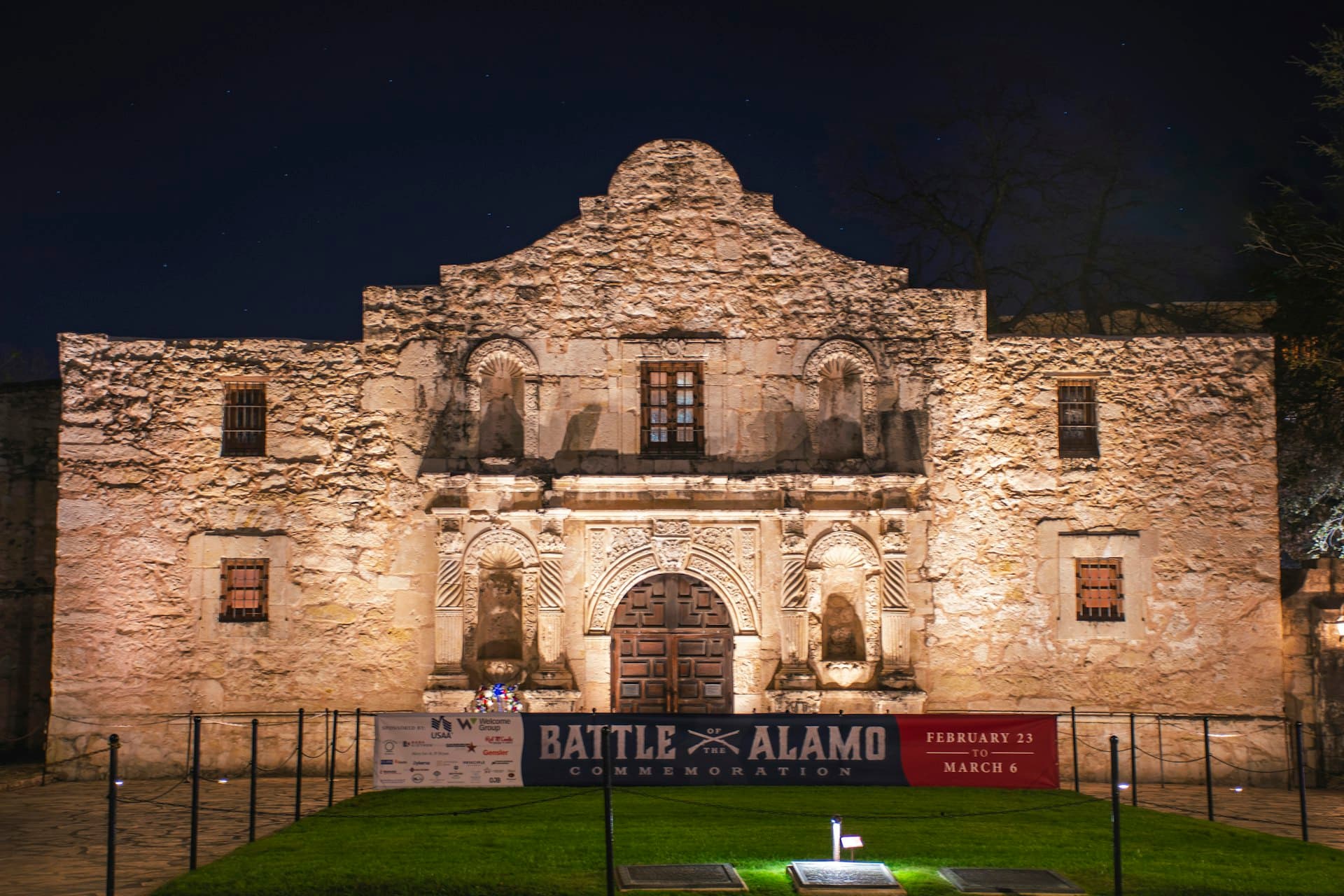 The Alamo historic mission illuminated at night in San Antonio, Texas