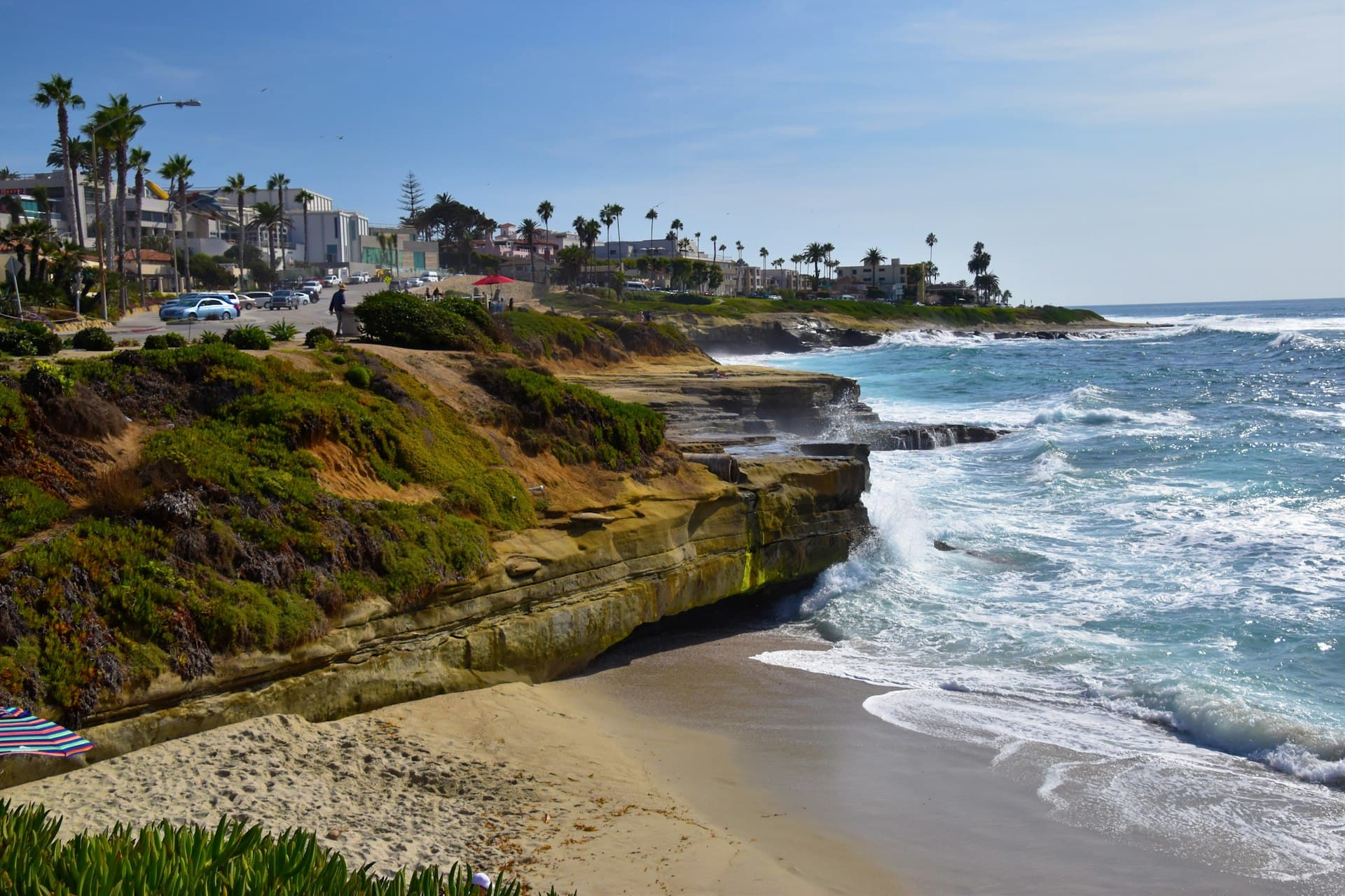 La Jolla Cove coastline with cliffs, coastal homes, and Pacific Ocean waves