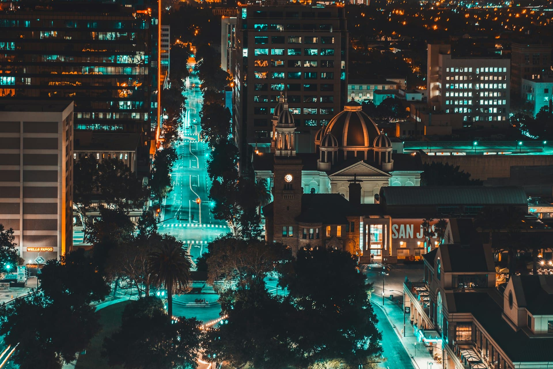 San Jose California downtown skyline at night with dome building and city lights