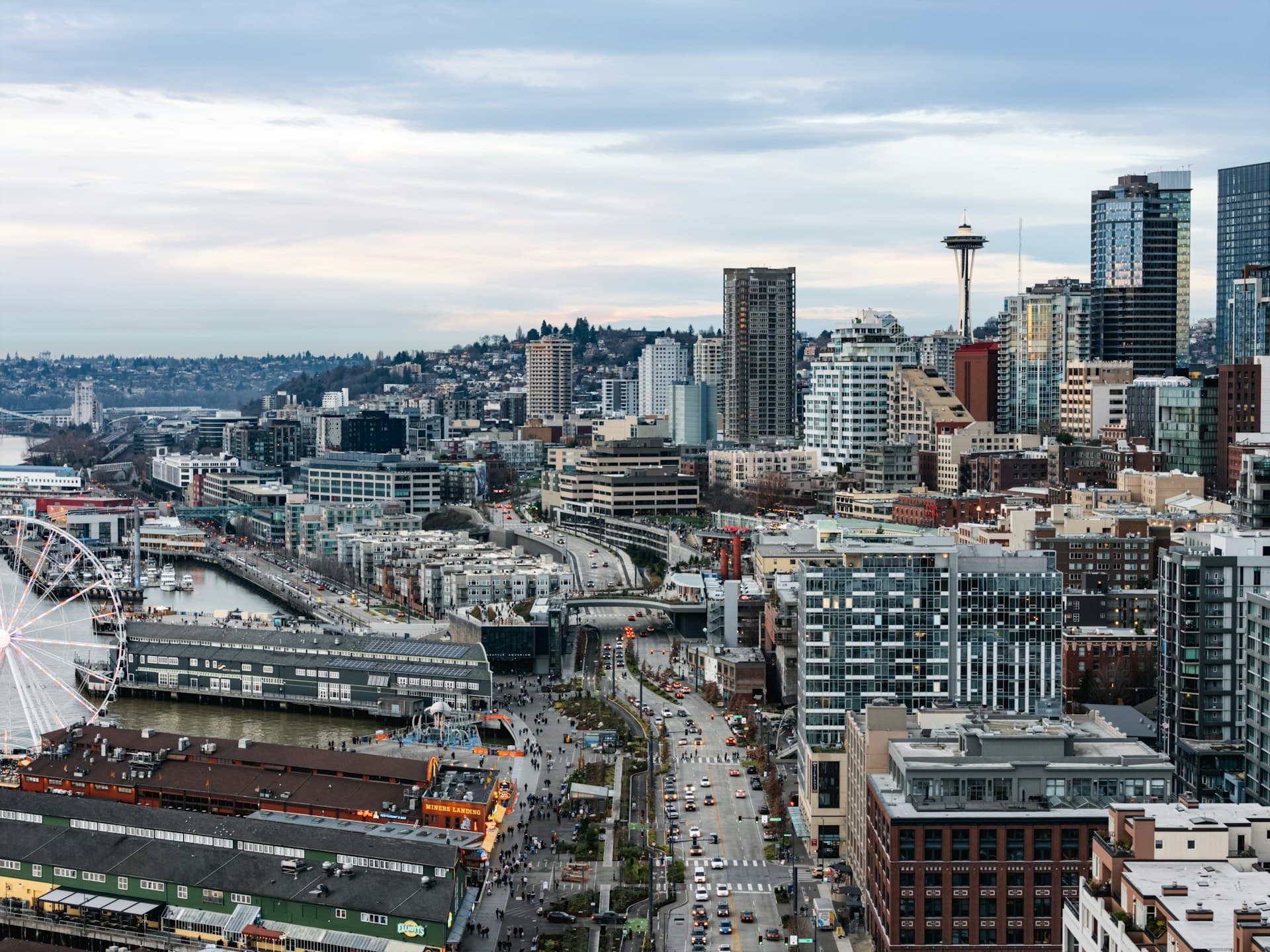 Seattle Washington skyline with Space Needle, waterfront, and Great Wheel