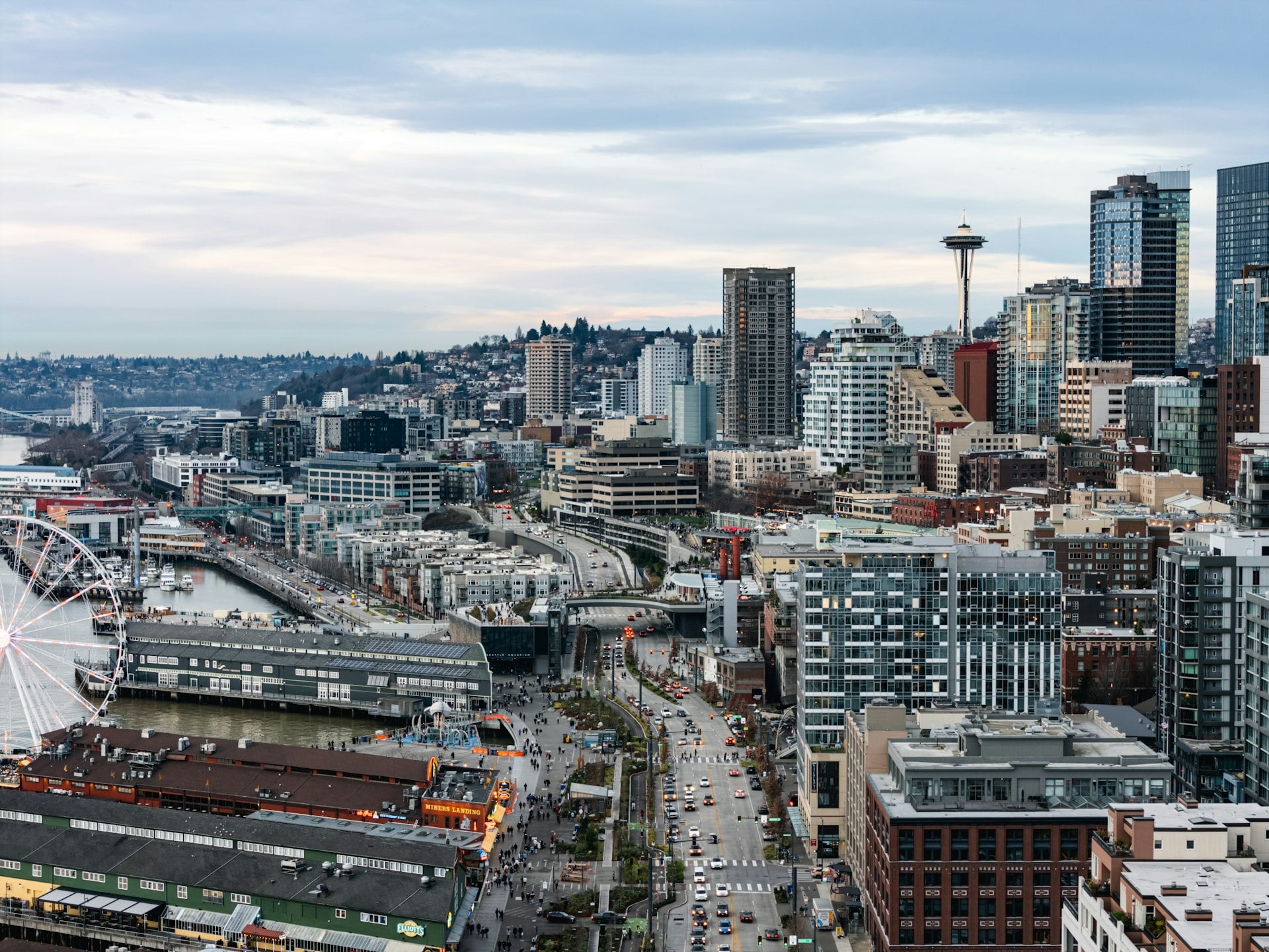 Seattle Washington skyline with Space Needle, waterfront, and Great Wheel