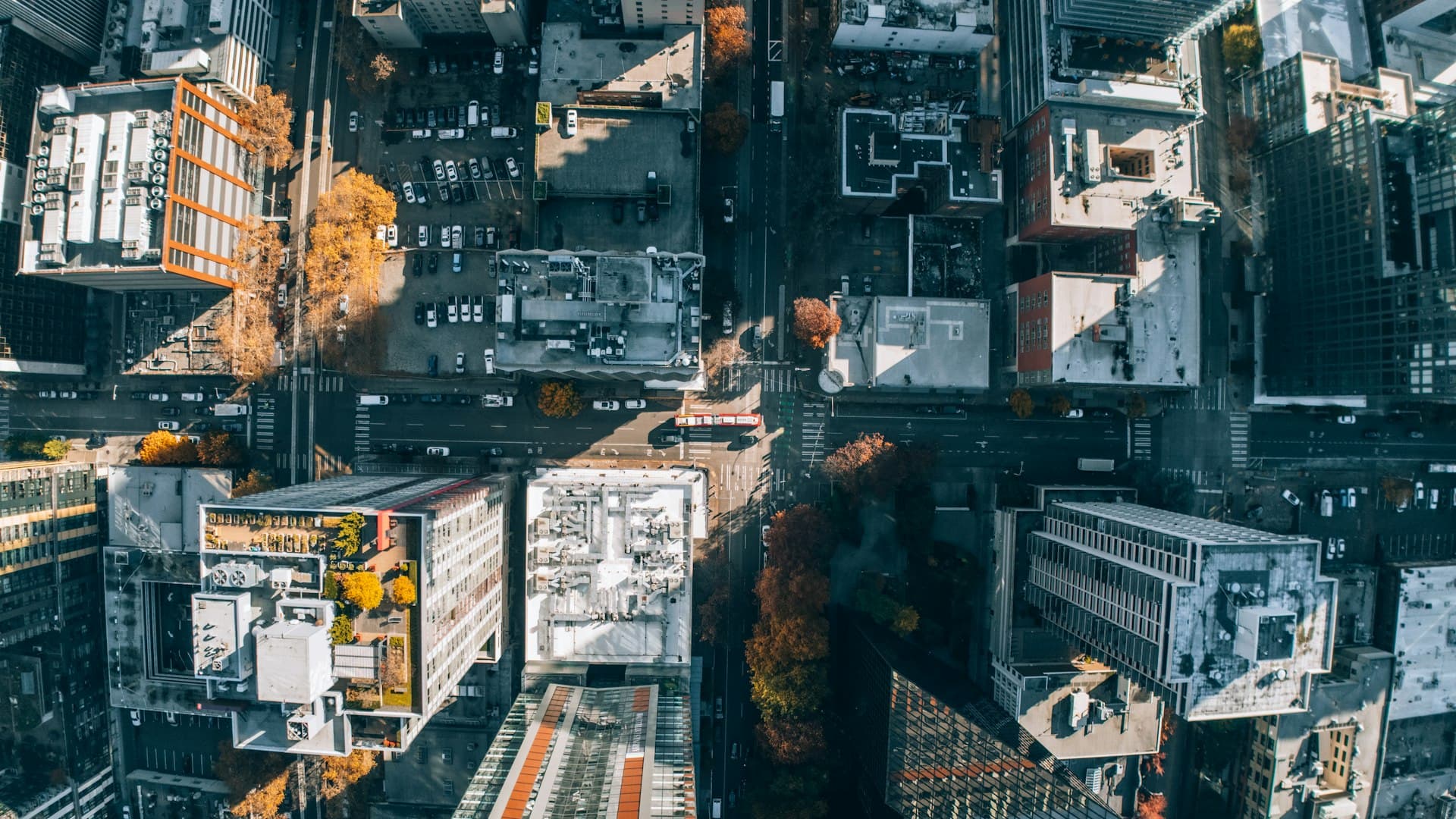 Aerial view of downtown Seattle buildings and rooftops