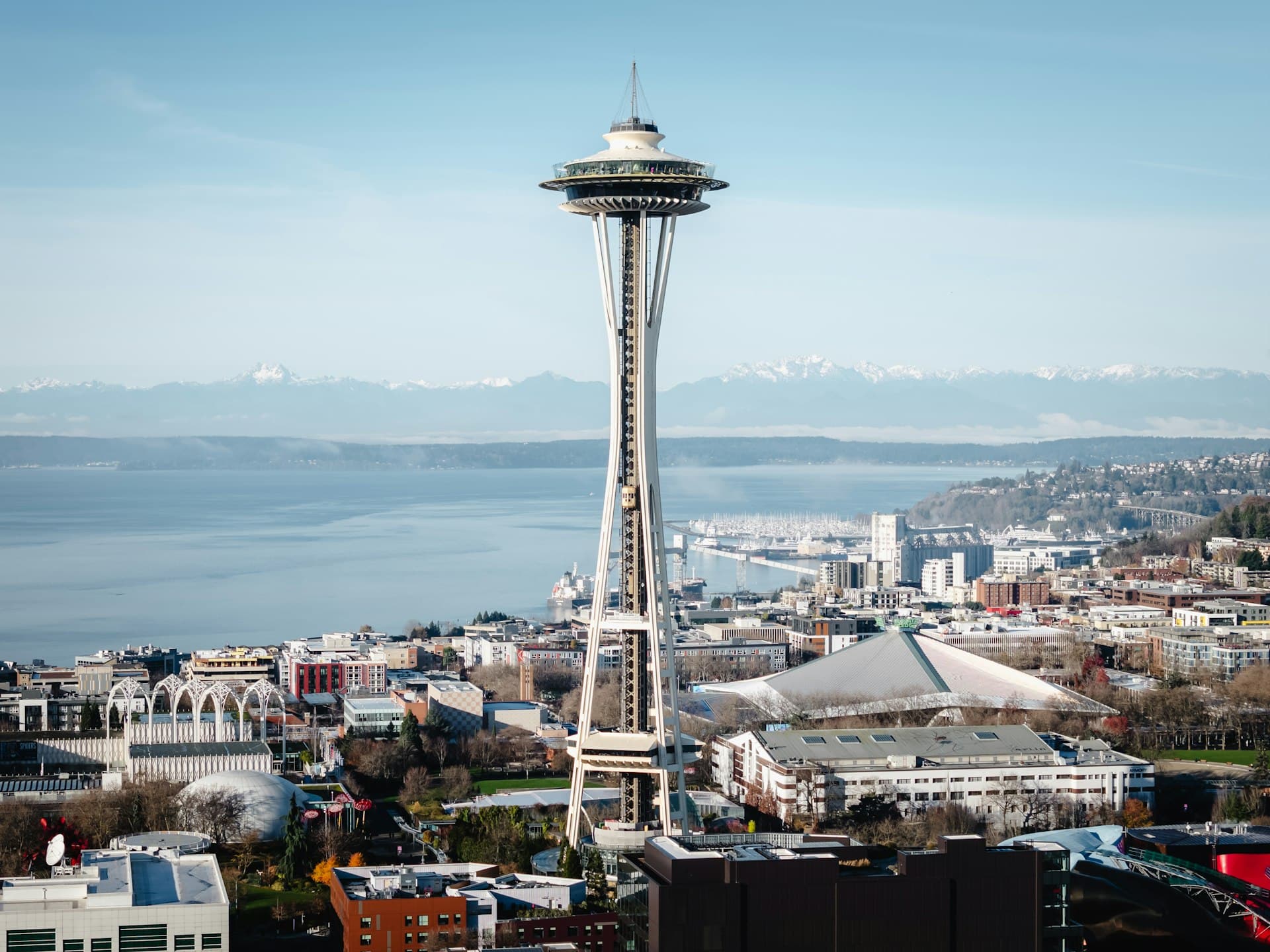 Space Needle with Puget Sound and Olympic Mountains in Seattle