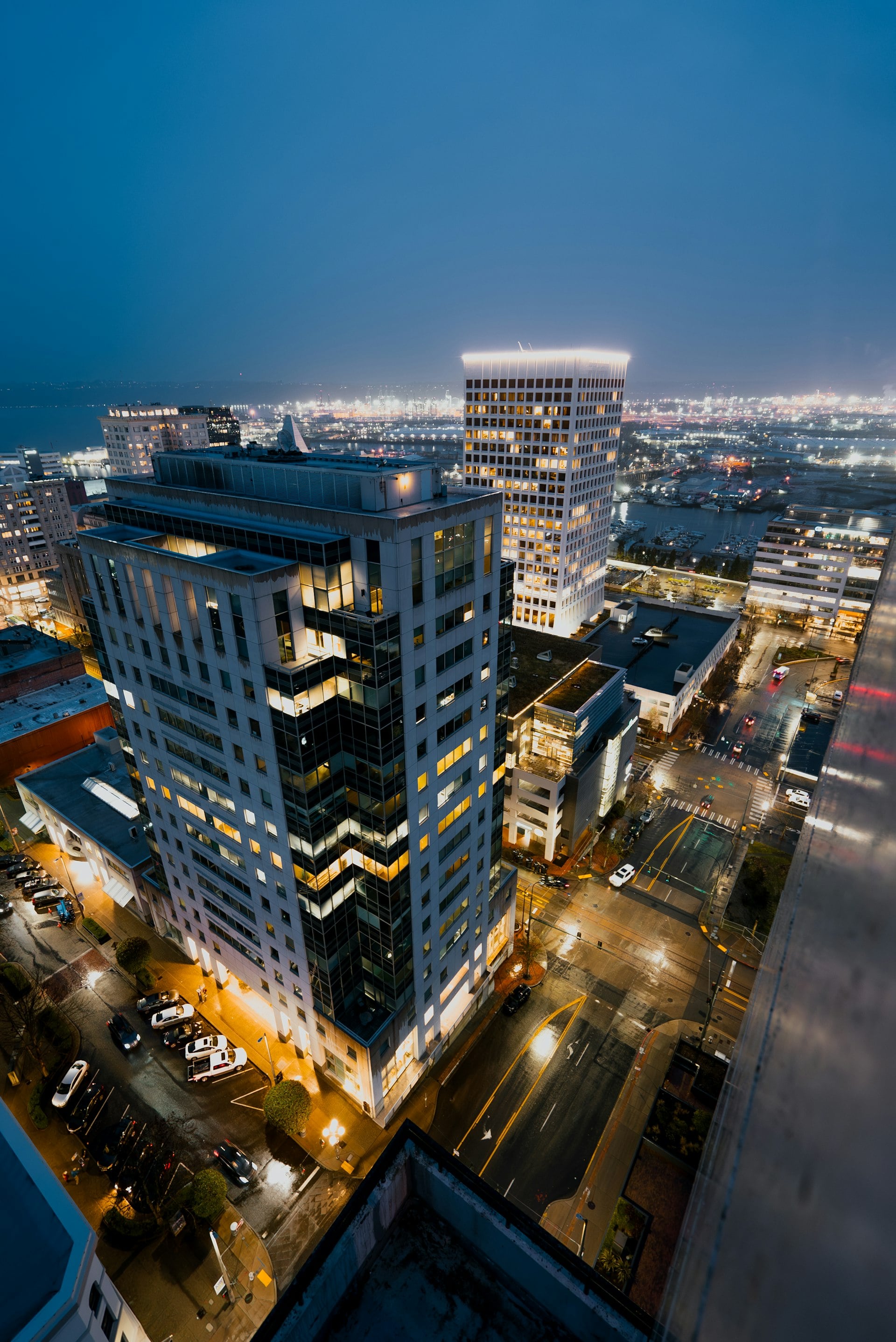Aerial view of downtown Tacoma Washington at night with city lights
