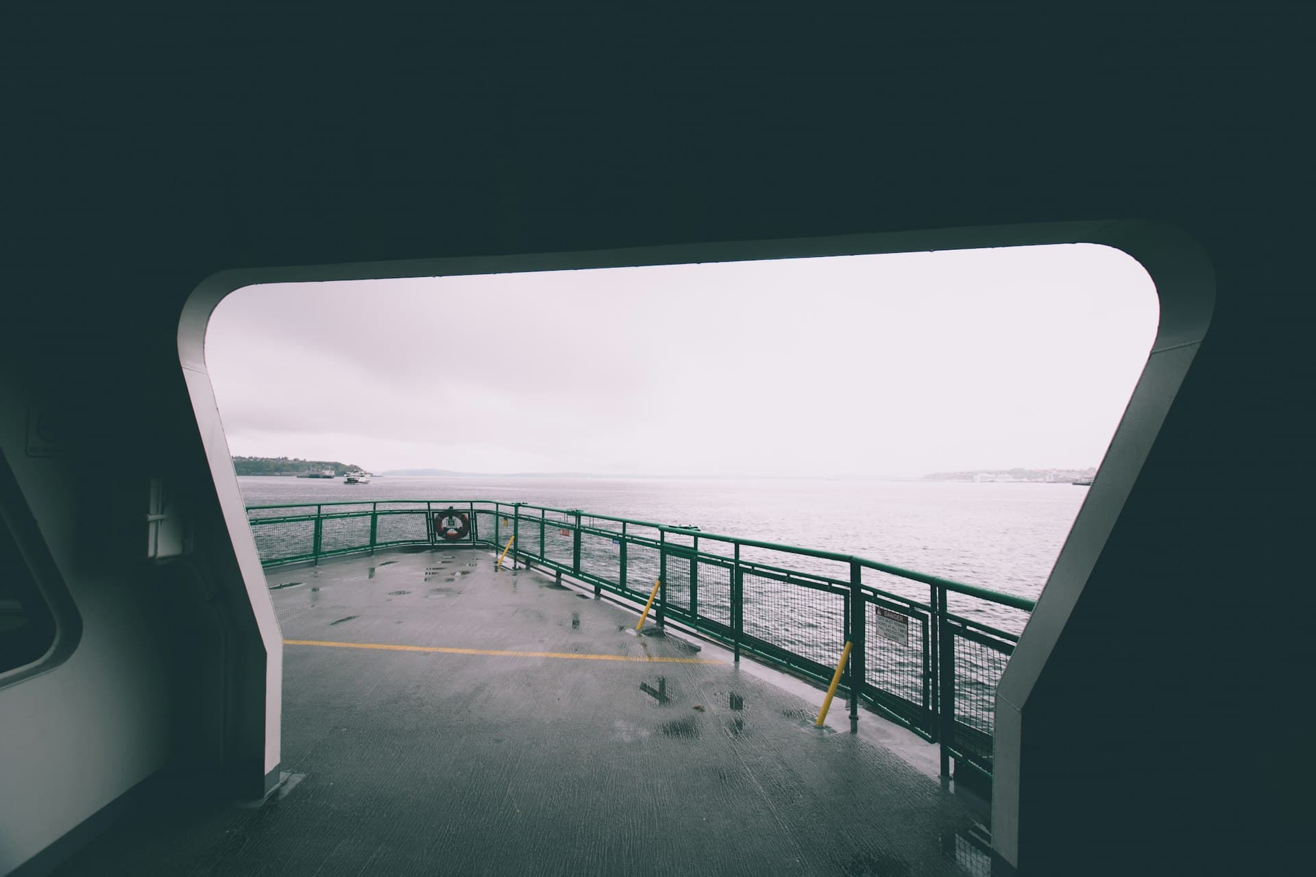 Rainy day on Puget Sound ferry showing Pacific Northwest wet weather