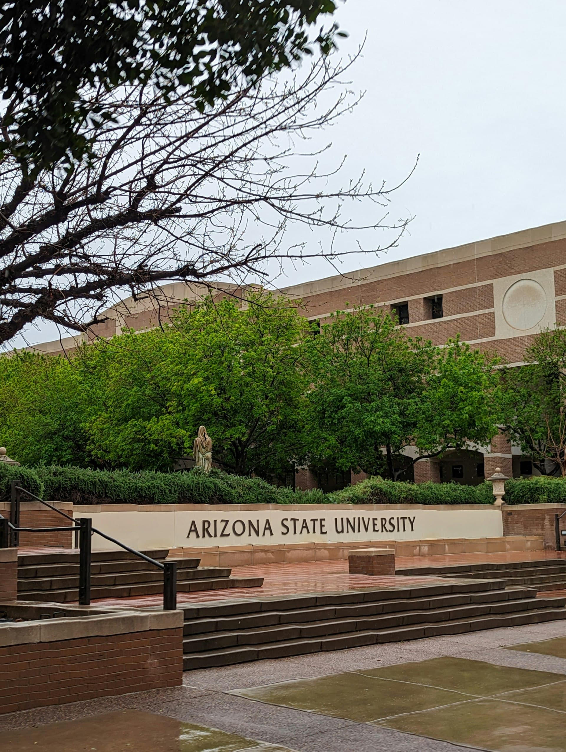 Arizona State University campus sign and memorial steps in Tempe